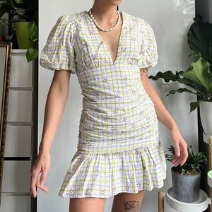 Zara Ruched Floral Plaid Puff Sleeve Mini Dress Size M